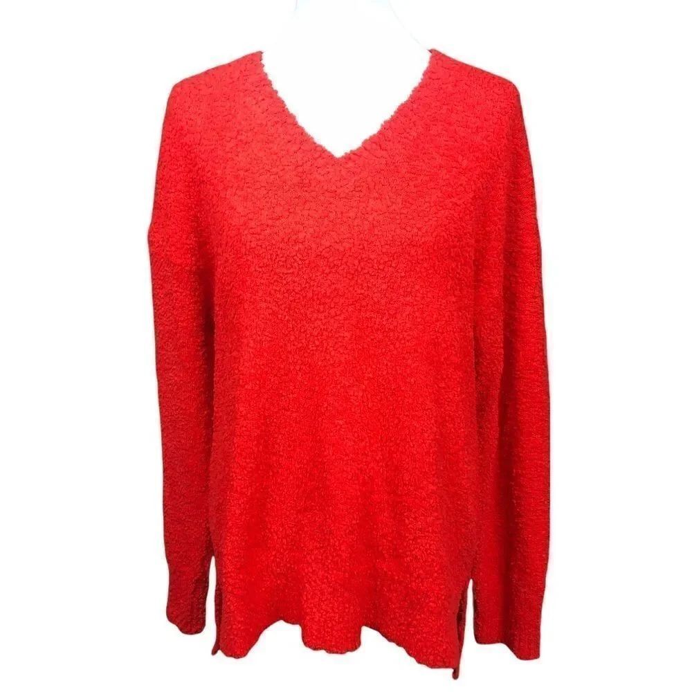 Sanctuary Teddy Sweater V-Neck Tunic Long Sleeve High Low Side Slits Red Medium